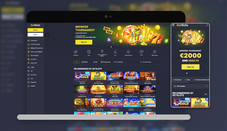 Übersicht der GetSlots Casino Webseite mit Spielauswahl